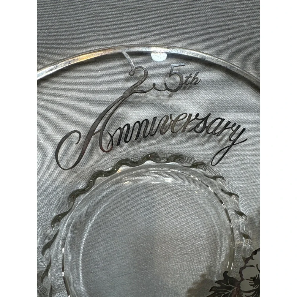 Vintage 25th Anniversary Glass Serving‎ Tray Silver Floral Overlay Handled Plate